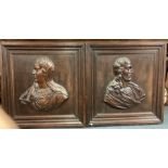 A good pair of square carved oak panels of figures in moulded frames.