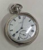 ELGIN: A good gents silver pocket watch with white enamelled dial.