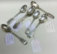 Eight various silver fiddle pattern teaspoons. London. Various dates and makers.