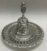A heavy decorative German silver bell on stand. Marked to side.