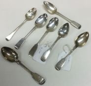 A group of seven silver fiddle pattern teaspoons. Various dates and makers.
