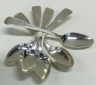 A heavy set of five silver fiddle and thread pattern teaspoons. London.