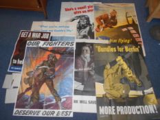 A collection of various World War II American propaganda posters.