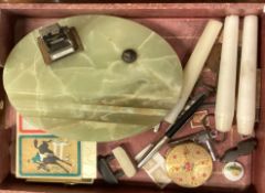A box containing an onyx inkwell, stopwatch etc.