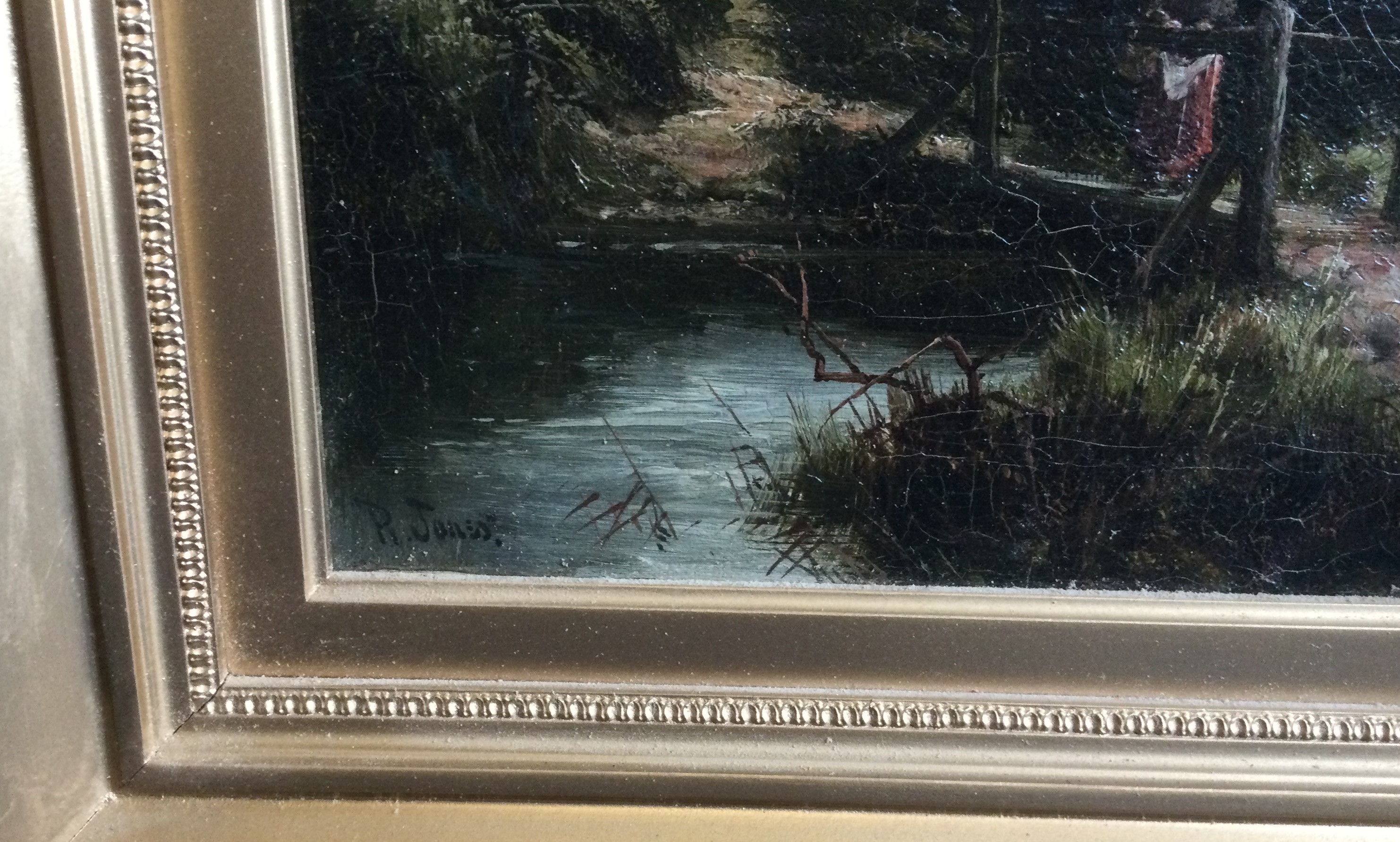 R JONES: A pair of gilt framed oils on canvases depicting landscapes with streams and trees. - Image 2 of 2