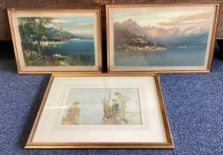 A group of three gilt framed pictures to include a William Russell Flint print.