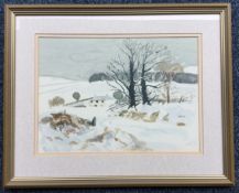 NEVILLE HICKS: A framed and glazed watercolour depicting a winter scene in the snow.