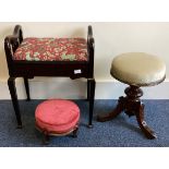 A Victorian piano stool together with two other stools.