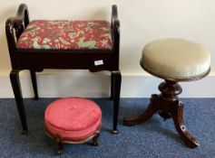 A Victorian piano stool together with two other stools.