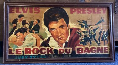 ELVIS PRESLEY: An oil on board painted version of 'Le Rock Du Bagne' (Jailhouse Rock) movie poster.