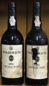 Two x 75cl bottles of Warre's 1991 Vintage Port. Bottled 1993.