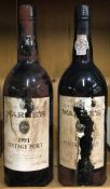 Two x 75cl bottles of Warre's 1991 Vintage Port. Bottled 1993.