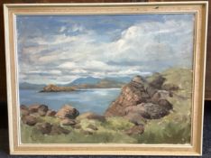 PEGGY DE BRETT: (British, 20th Century). A framed oil on board depicting a coastal scene.