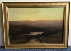 A gilt framed oil on canvas depicting a moorland landscape.