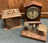 A walnut mantle clock together with a carved box etc.