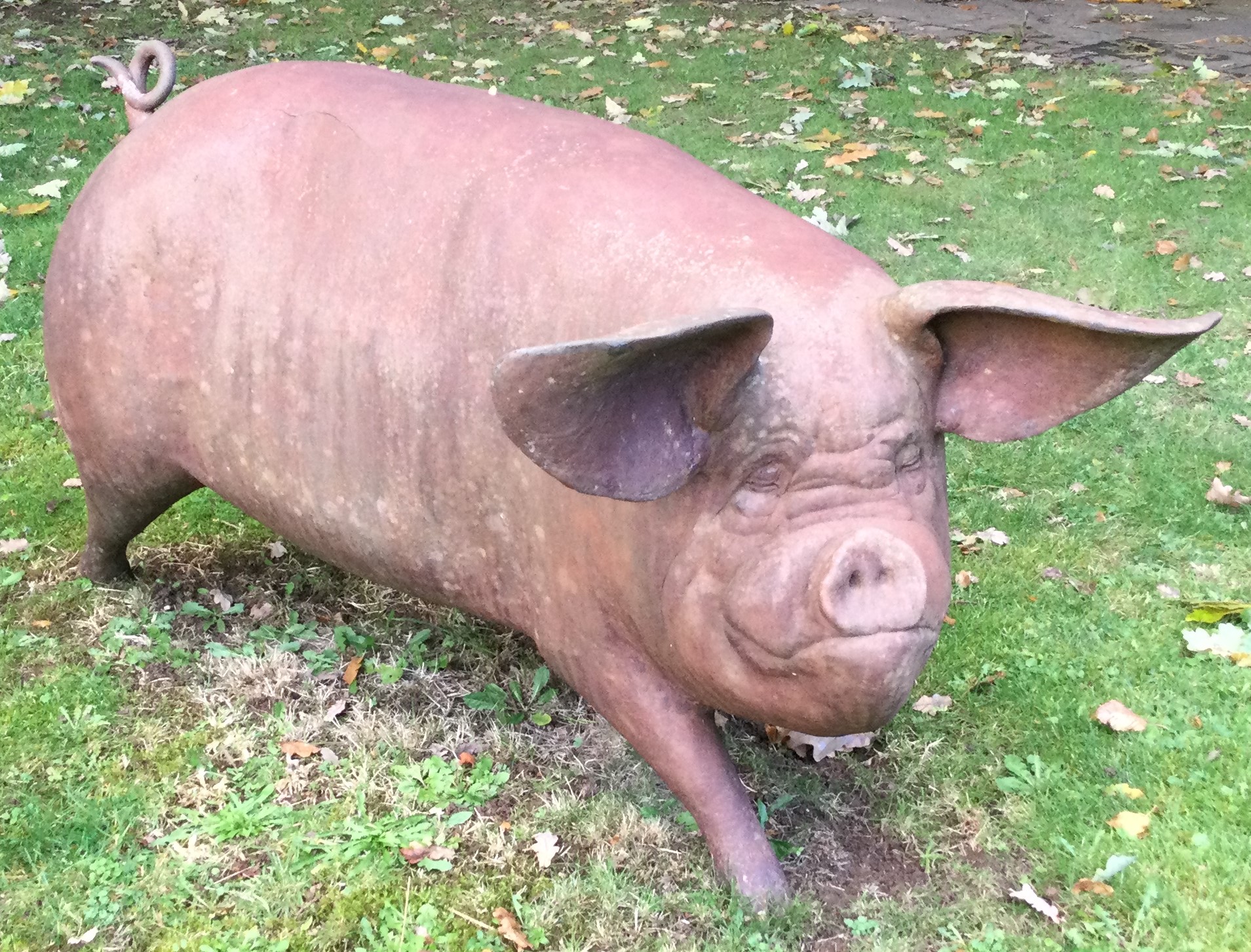 A massive garden ornament in the form of a pig with outstretched ears.