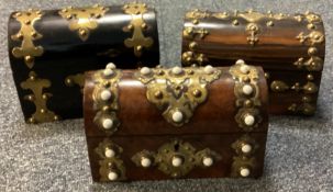 Three Victorian brass bound boxes with hinged top.