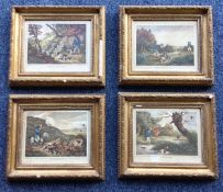 A set of four gilt framed coloured lithograph prints depicting hunting scenes.