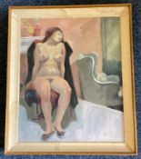 A framed acrylic on canvas depicting a seated nude.
