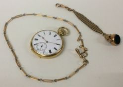 An 18 carat gold pocket watch with white enamelled dial together with a two colour gold necklace.