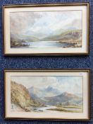 A pair of framed and glazed watercolours depicting mountain scenes.