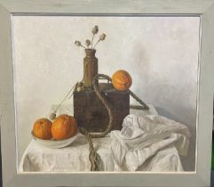 ARTHUR EASTON: (British. Born 1939): A large framed oil on board entitled, 'Still Life with Box'.