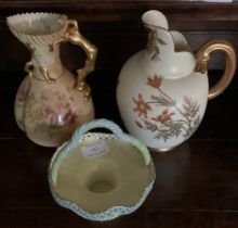 Two Royal Worcester ewers with gilded decoration together with a bon bon dish.