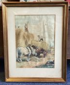 A gilt framed and glazed watercolour depicting farm workers with horses and hay bales.