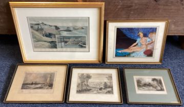 A selection of five various framed and glazed prints of varying sizes and genres.