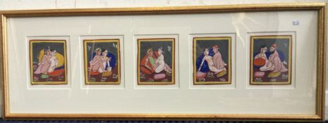 A selection of five miniature watercolours on card forming a gilt framed and glazed picture.