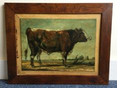 A wooden framed oil mounted on board depicting an ox bull.