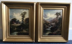 R JONES: A pair of gilt framed oils on canvases depicting landscapes with streams and trees.