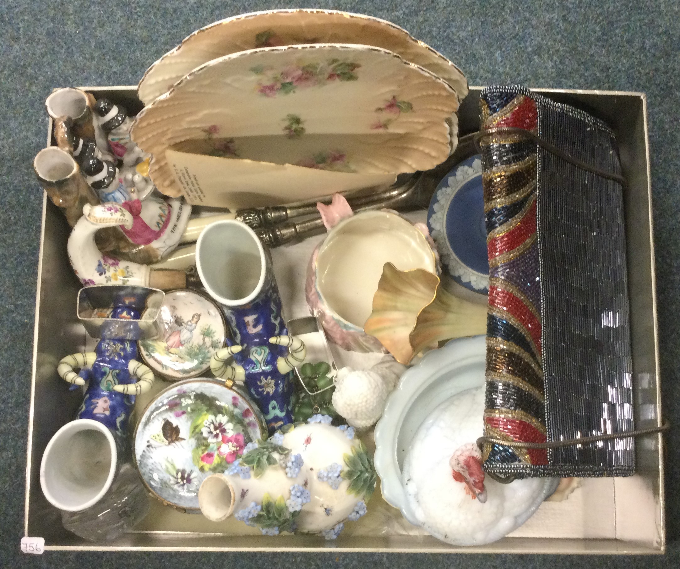 A small beadwork bag together with a Royal Worcester vase etc.