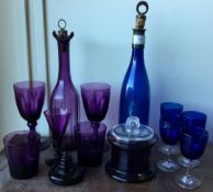 A good collection of amethyst and Bristol blue glassware.