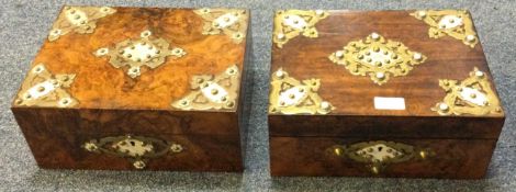 A Victorian brass bound hinged top sewing box together with one other.