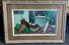 A framed and glazed oil on board depicting still life with fruit and vegetables.