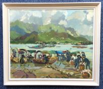 A framed acrylic on board depicting Oriental fishermen with their boats.