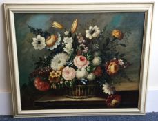 A framed canvas painting depicting still life with flowers.