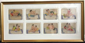 A selection of fourteen watercolours on card forming two gilt framed and glazed pictures.