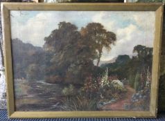 A framed oil on canvas depicting a cottage garden by stream.