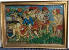 A gilt framed and glazed watercolour depicting an erotic Kama Sutra orgy.