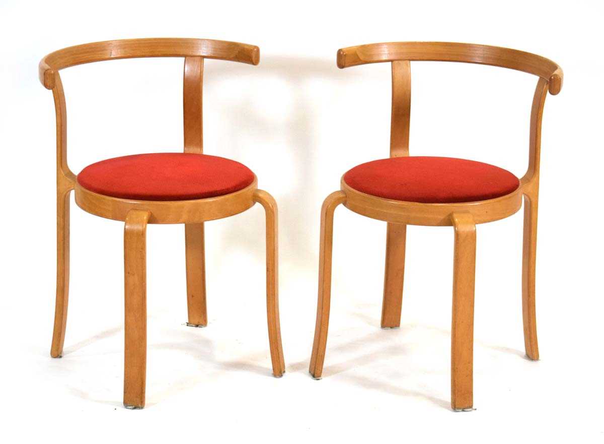 Thygesen & Sorensen for Magnus Olesen, Durup, a pair of beech and upholstered stacking chairs*Sold