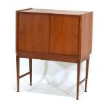 A 1960/70's Danish teak cabinet with two sliding doors, on later tapering legs, w. 80 cm, h. 98