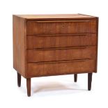 A 1960's Danish teak chest of four drawers, each with a moulded handle, on tapering legs, w. 75 cm