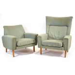 A pair of 1960's Danish high and lowback armchairs upholstered in pale green on oak legs*Sold