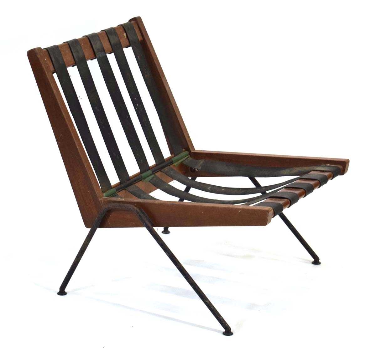 A Robin Day 'Chevron' chair with a teak frame and black metal tubular legs, designed in 1959,