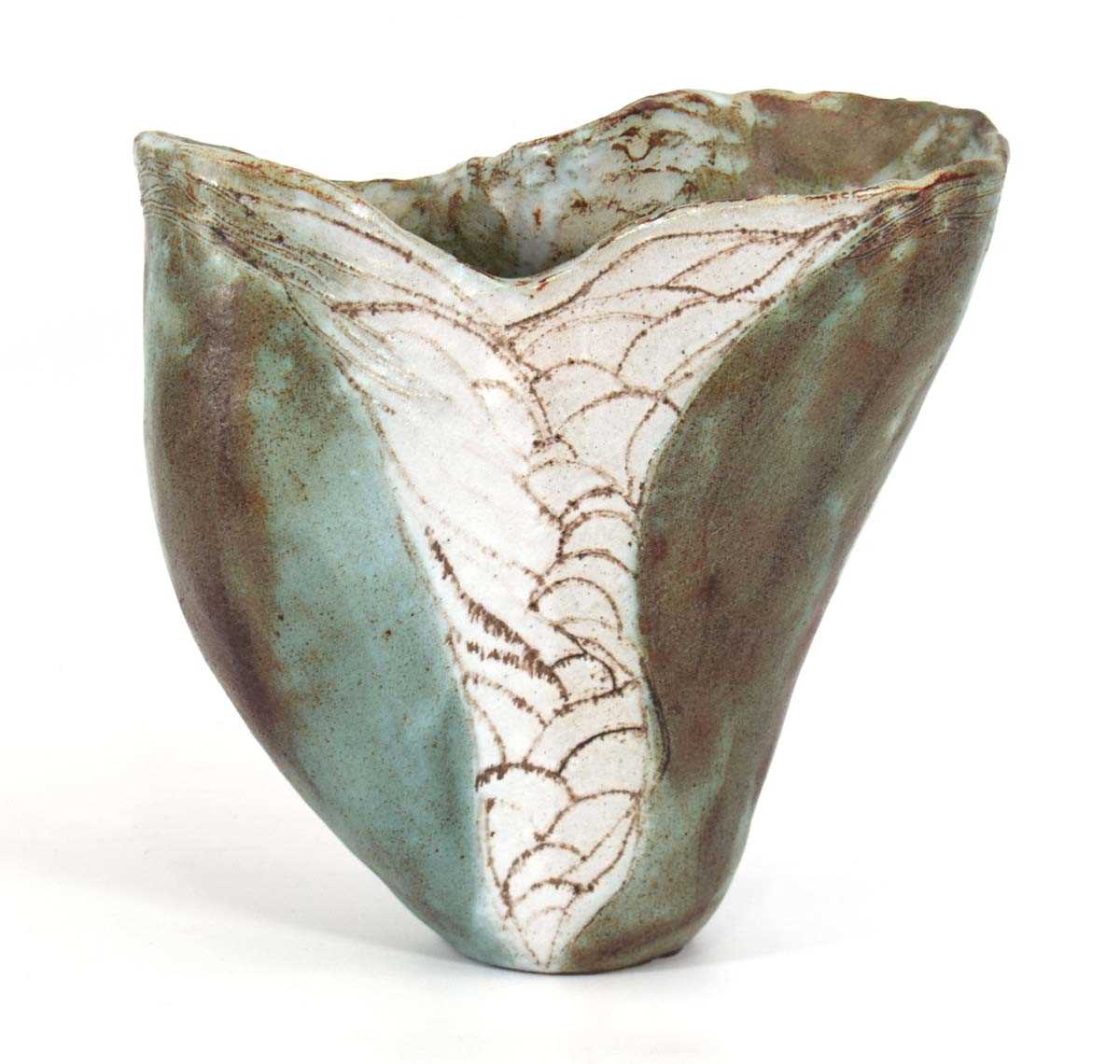 A studio pottery vase of organic form decorated with scales, in the manner of Michael Cardew and - Image 2 of 3