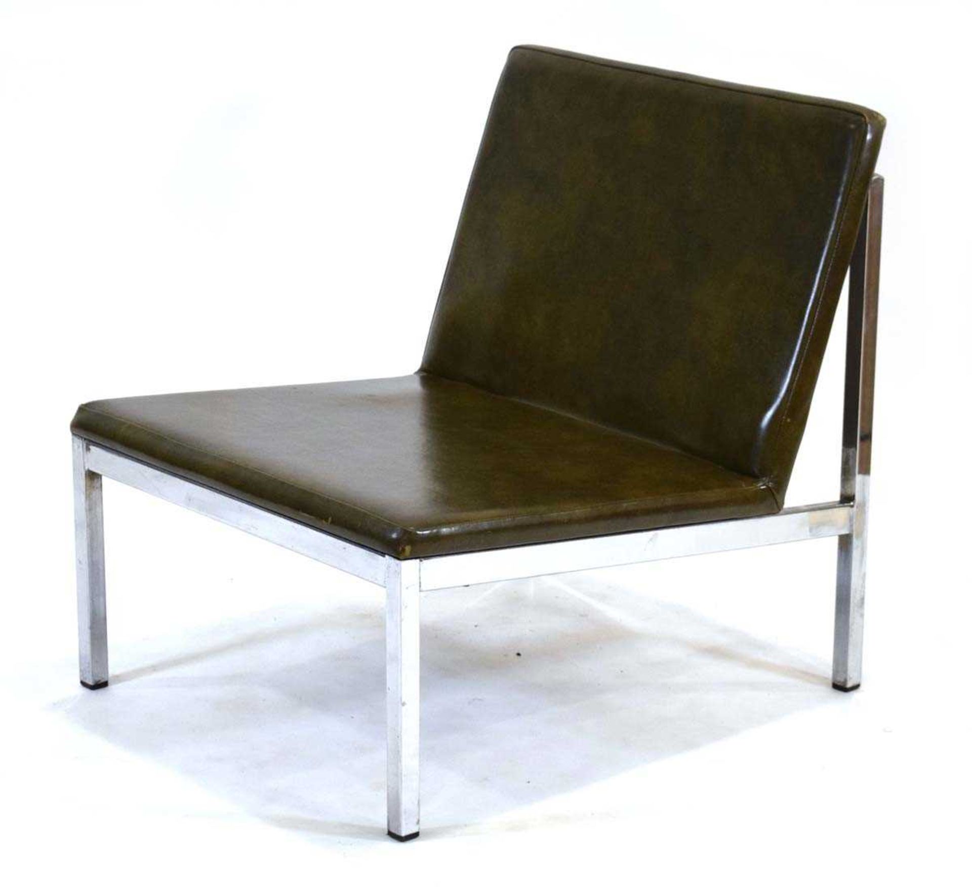 Godfrey Syrett, a 1970's chromed lounge chair with green vinyl upholstery, label to the underside*