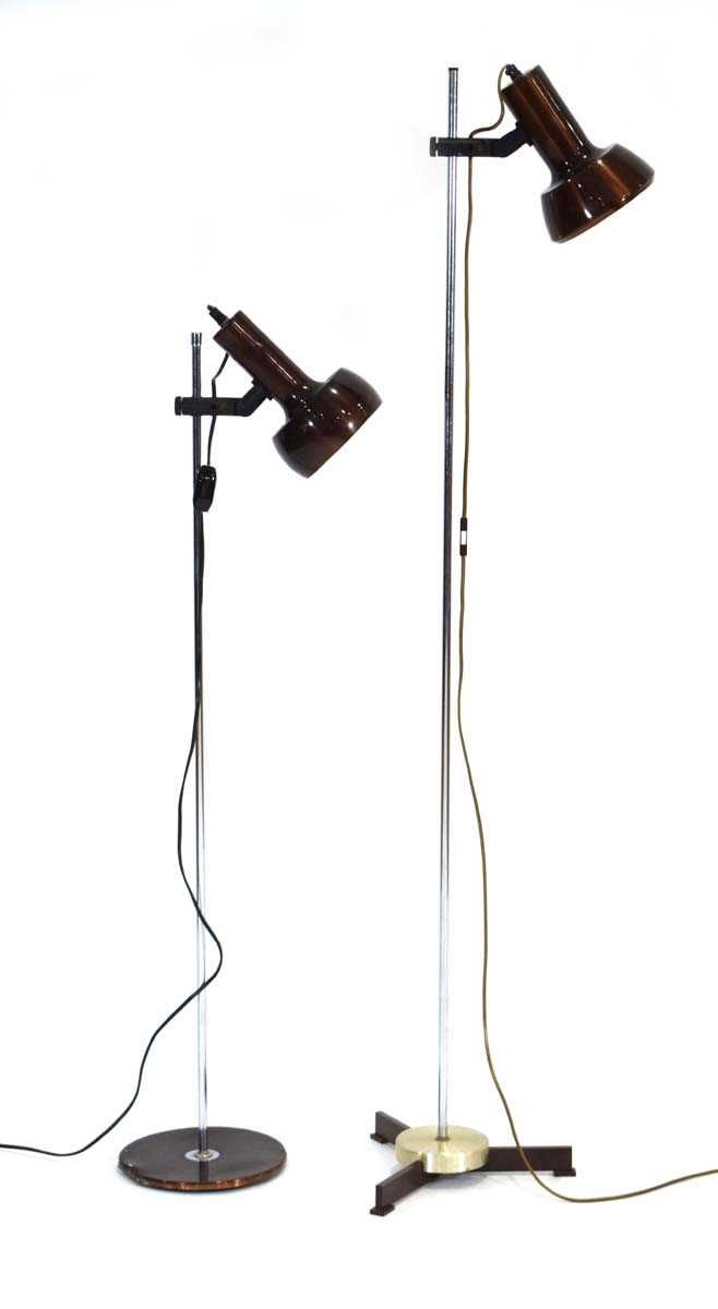 Two 1970's Danish single spot floor lamps with bronzed shades (2)Leads cut, working order unknown,