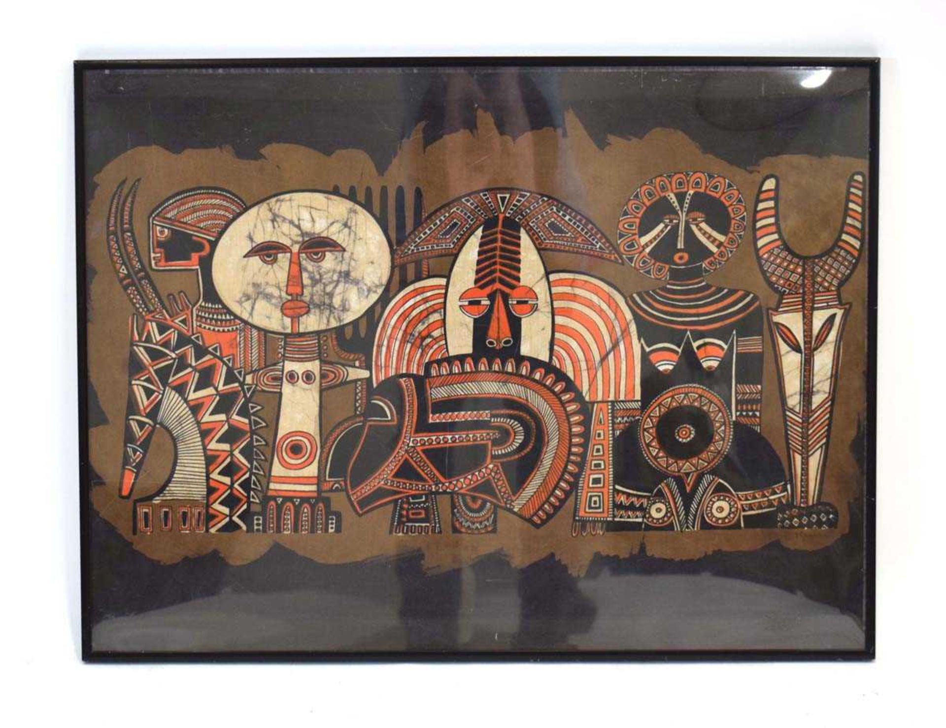 1980's School,A Tribal-style batik, signed Fenchi, image 53 x 78 cm